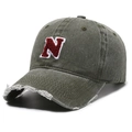 Vintage army green baseball cap with red letter N embroidery and distressed brim edge - Adjustable / Army Green