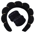 Black towel fabric sponge headband and matching wristbands set with gold accents - 3pcs Set (Headband + Wristbands) / Black with Stone