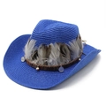 Close-up of blue straw cowboy hat featuring ethnic beads, silver coins and feather trim - Blue
