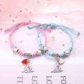 Rosa und blaue verstellbare geflochtene Partner-Armbänder mit Love-Anhängern und Herz-Details - Kleines Herz Liebe (2er-Set - Buntes Seil)