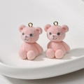 Pink velvet teddy bear pendant charms with gold rings for DIY jewelry making - Pink