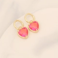 Close-up of heart-shaped gradient pink crystal earrings with 18K gold-plated hoops - Rose Red (7#)