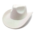 Close-up of white iridescent cowboy hat featuring laser glitter coating and firm brim - Heart White