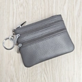 Gray genuine leather triple-zipper coin purse with pebble texture and metal keychain - Silver Gray