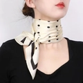 Elegant cream silk-like neck scarf featuring black polka dots and striped borders - Polka Dot Off-white Square Handkerchief / 65