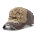 Detail of vintage NYC embroidered patch and distressed brim on khaki baseball cap - Spliced Khaki Dark Grey Style (F)