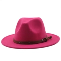 Detail of rose red fedora hat featuring a wool felt texture and brown buckled leather band - Rose Red