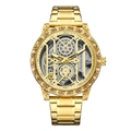 Golden skeleton mechanical watch for men featuring intricate carved floral relief casing - Gold