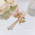 Pink butterfly hair clip with gold fringe tassels and pearls for elegant hairstyles - Pink Crystal Butterfly Tassel / Pink
