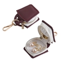 Mini round burgundy leather jewelry box with gold hook and white zipper closure - New Ancora Red