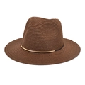 Close-up of brown straw fedora with fine weaving texture and gold metal detail - M (56-58cm) / Coffee