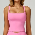 Pink yoga set featuring a square neck sports vest and V-waist leggings for fitness - Rose Pink