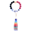 Beaded keychain bracelet with dark red marble silicone beads and rainbow fringe tassel - Style 14 (Black Red Marble Rainbow Tassel)
