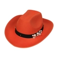 Orange wool felt cowboy hat for women featuring a black band with pearls and floral detail - 105-Orange