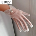 Detail of white sheer mesh bridal glove with delicate bow and single pearl pendant charm - Transparent Mesh Bowknot Pearl (ST029-Yarn)