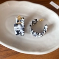 Handwoven C-shaped acrylic hoop earrings in purple and black mix with gold needles - 41# Silver Earring Post - Gold Black White Woven C-Hoop