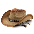 Cappello da cowboy in paglia traforata con fascia in pelle vintage e laccio regolabile - M(56-58cm) / Khaki Rosso Ruggine