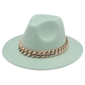 Detail of mint green wool fedora hat featuring a chunky gold acrylic chain decoration - Mint Green