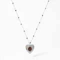 Silver-toned heart necklace with brown tiger eye stone and black bead chain accents - Silver (D601)