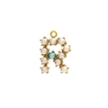 Detailed view of golden letter R pendant with white pearls and a blue stone inlay - Pearl Letter R - Blue