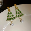 Détail de boucles d'oreilles sapin de Noël avec pierres vertes et perles blanches - 1# Tige en argent - Vert - Sapin de Noël