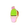 Close-up of green cactus enamel pin with pink flowers and a golden metal finish - Pink Pot Green Leaves (C1079-5)