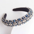 Luxury baroque padded headband with blue and clear rhinestones on black velvet fabric - Teal