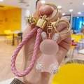 Cute pink resin bunny keychain with sparkling rhinestones and woven leather strap - Rabbit Shape (Dian Zhuan Guo Dong Tu) / Pink
