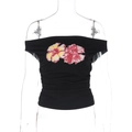 Detail of black off-shoulder top with red floral print and ruched fabric texture - S / Black