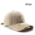 Beige vintage washed cotton baseball cap with distressed holes and embroidered T letter - Beige
