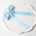 Sky blue satin bow hair clip with long ribbons on a white decorative floral plate - 4.0cm Spring Clip-24-006 / Blue