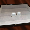Elegant square pearl stud earrings displayed in a luxury grey velvet jewelry box - 14mm / 14mm White