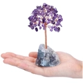 Handmade amethyst crystal tree with twisted copper wire on a raw stone base - Amethyst Tree + Fluorite Base