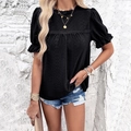 Women's black short sleeve textured top with crew neck and stylish ruffle cuffs - S / Black