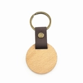 Detailed shot of light wood keychain with dark brown leather strap and bronze metal ring - Round Beech Wood