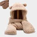 Set sciarpa con cappuccio in peluche beige con orecchie da orso e guanti integrati - M (56-58cm) / Orecchie di Orso Con Tasche Set da 3 Pezzi Cachi