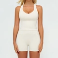Ensemble de yoga 2 pièces avec débardeur col U et short taille haute beige crème - S / Haut Et Bas / Débardeur + Short / Abricot Avoine