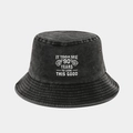 Detail of grey washed cotton bucket hat with white 90th birthday embroidery and eyelet - 90 Years Old Birthday Style / Black