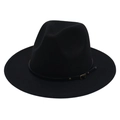 Detailed close-up of a black wool felt fedora featuring a stylish thin leather belt with buckle - Black (Small Black Leather Belt)