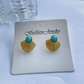Retro 18K gold plated stainless steel fan earrings with turquoise stone inlay - Blue Gem Fan Shape / 18K Gold
