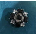 Detailed macro view of vintage square brooch with black gemstones and silver crystals - Large / Black