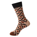 Retro beige and brown geometric pattern cotton crew sock with black ribbed cuff - 1095-Beige Geometric