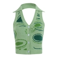 Gilet lavorato a maglia all'americana con stampa astratta verde, scollo a V e bottoni di perle - Taglia S / Unakite
