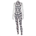 Detail of high neck black and white damask print jumpsuit in stretchy fabric - S / Black & White Scroll Print