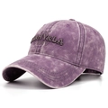 Close-up of vintage purple washed baseball cap with 3D embroidery and distressed texture - Purple