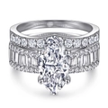 Silver marquise-cut zircon wedding ring set with double pavé bands for women - US Size 5 / TL-443 Silver Marquise Cut 2-Piece Ring Set