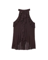 Detail of dark brown halter neck top showing layered chiffon ruffles and textured fabric - XS / Coffee