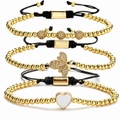 Adjustable gold bead woven bracelets set with zircon bee and heart charms for women - Three-Piece Set / Gold