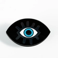 Detail of black oval hair claw clip with blue evil eye pattern for elegant hairstyling - Style 2