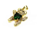 Charming teddy bear pendant with green heart stone and white zircon pave setting - Style A Green